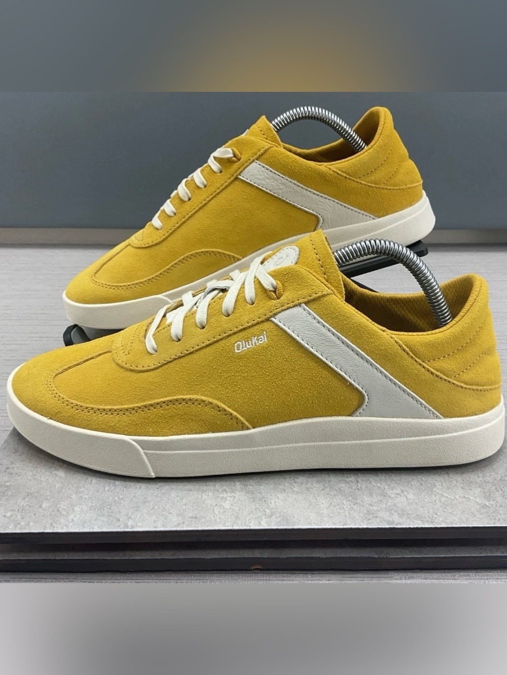 OluKai Ha’upu Women's Size 10 Mustard Yellow Suede Lace-Up Sneakers Cream Accent